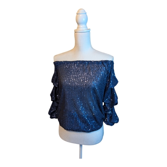 CeCe Sequined Blouse Women's Small Navy  Blouson Tiered Sleeve NWT - Picture 1 of 15
